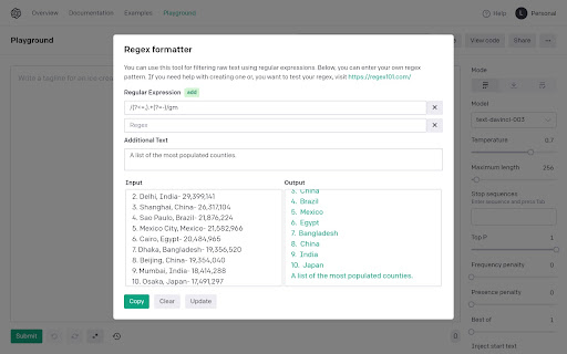 OpenAi Playground Regex