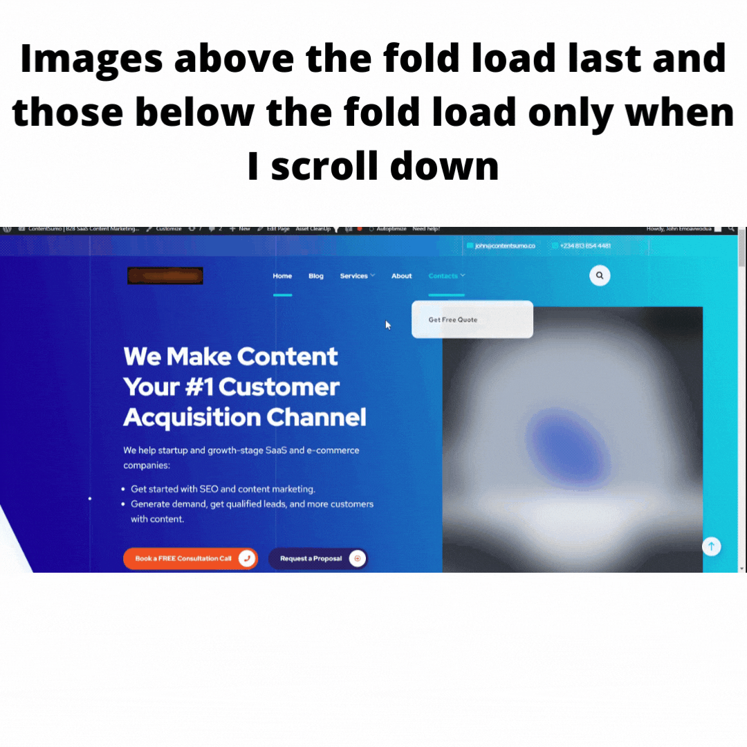 Gif showing images on contentsumo.co loading last and loading only when they're needed. That is when I scroll down. This improves technical SEO.