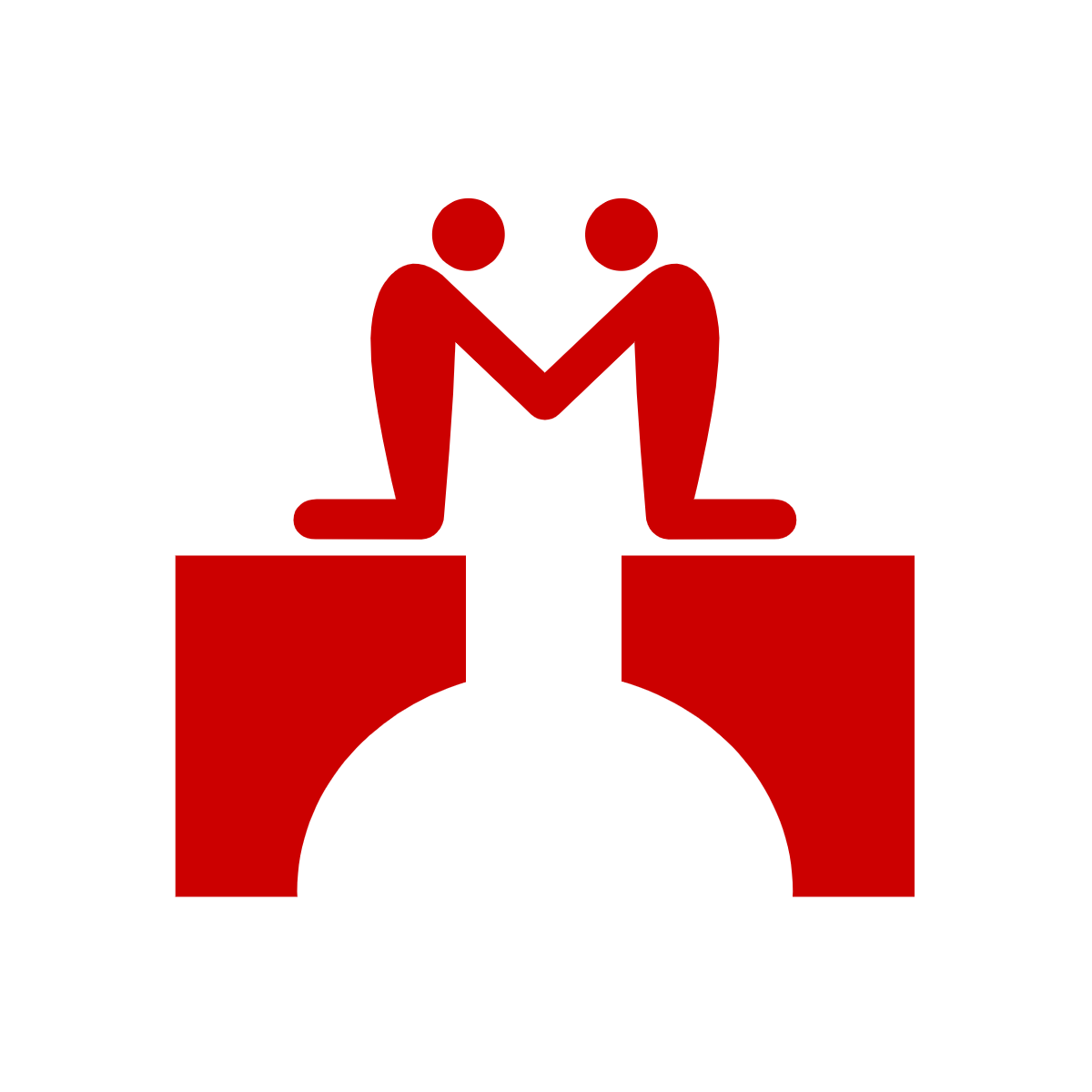 Noun Project Icon: two figures holding hands on different sides of a broken bridge. Reynolds red.