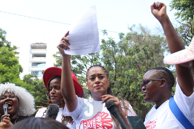 Nairobi women representative Esther Passaris joins in procession to protest against the increased number of femicides cases across the country in a protest dubbed 'Feminist march against femicide ' at Jeevanje gardens, Nairobi on January 27, 2024.