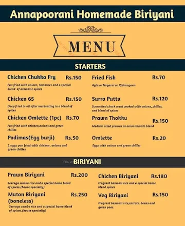 Annapoorani Homemade Biriyani menu 