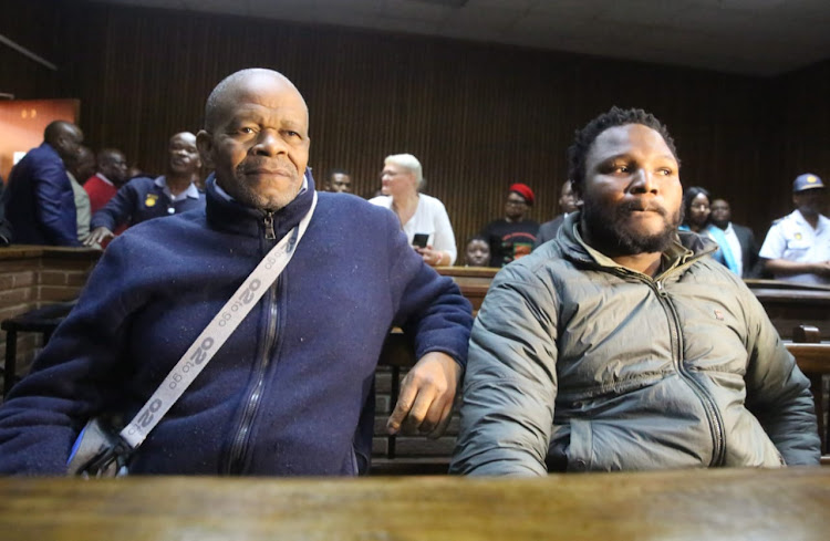 Zolile Cornelius Sekeleni, father of Dr Nandipha Madugumana, with his co-accused and former G4S prison warder Senohe Matsoara in the dock at the Bloemfontein magistrate's court. The pair face charges of aiding and abetting Thabo Bester in his audacious escape from the Mangaung Correctional Centre last year.