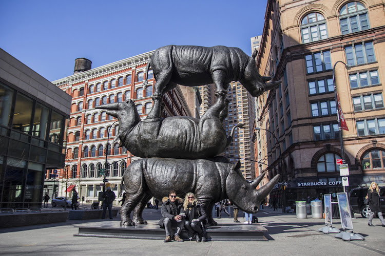 “The Last Three”, a bronze sculpture of the last surviving Northern White Rhinos in the world, has sparked controversy after it was unveiled in New York last week. Art critic Jerry Saltz asked why one of the animals is upside down and described the sculpture as “mad-ugly” and a “kitsch monstrosity”.