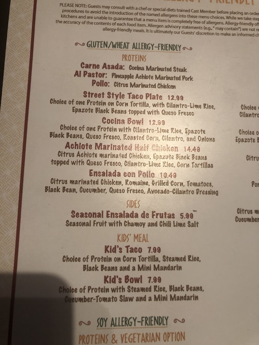 Gluten-free menu