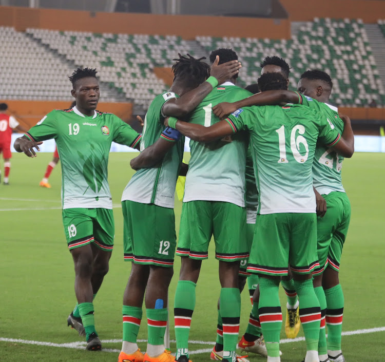 Harambee Stars players celebrate during Monday night's win over Seychelles