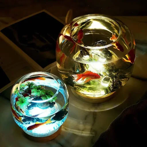 Aquarium creative small round glass fish tank ecological goldfish tank base lighting fighting fish tank aquarium accesso