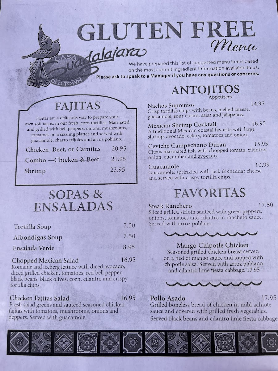 Casa Guadalajara gluten-free menu