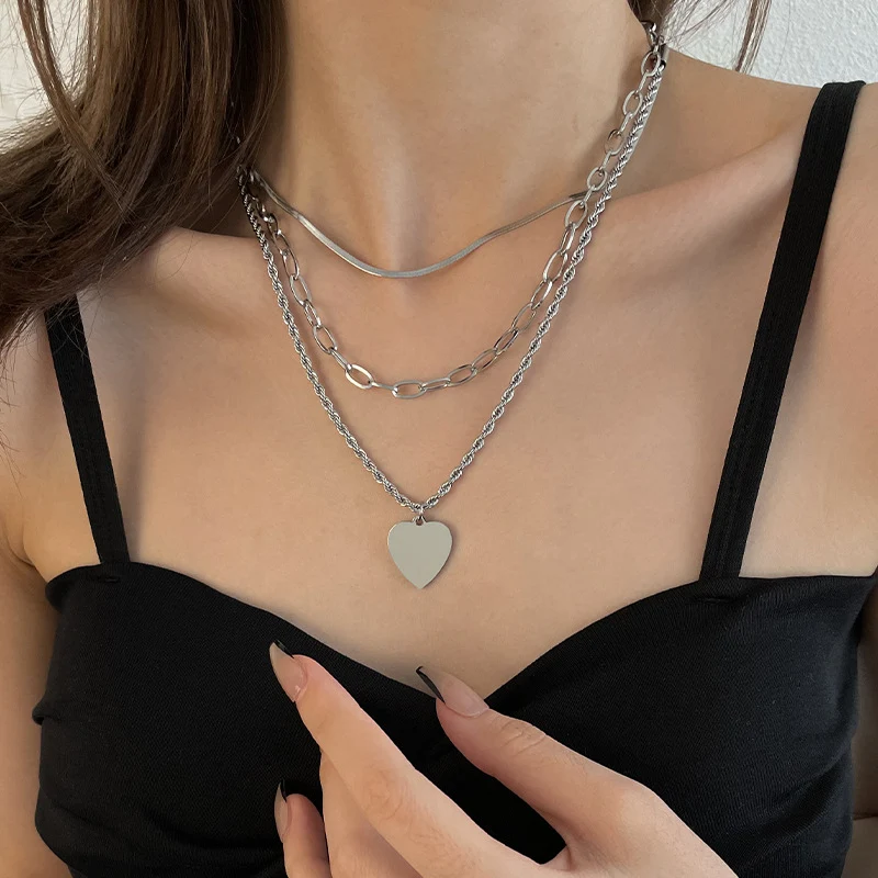 Title 1, Titanium stalen meerlaagse dubbel hart ketting,...