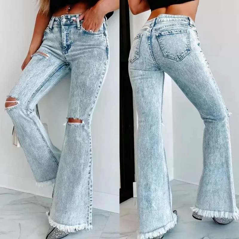 Jeans Feminina Rasgada Cintura Alta Lavada Moda - Conforto e Estilo Despojado, Perfeita para Looks Casuais e Modernos