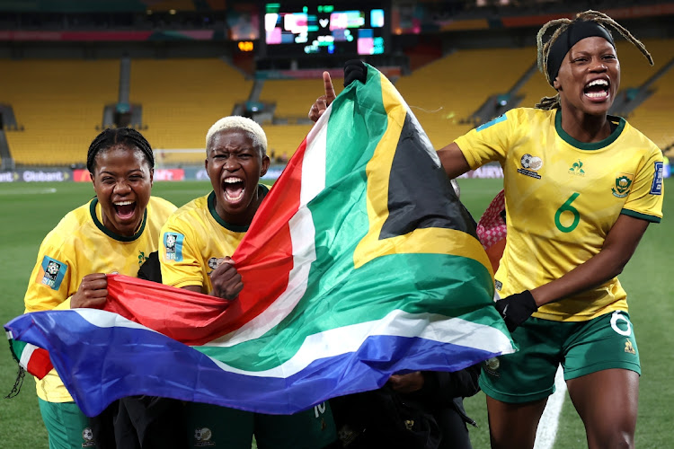South Africa players celebrate after their team advanced to the knockouts during the Women's World Cup. Picture: CATHERINE IVILL/GETTY IMAGES