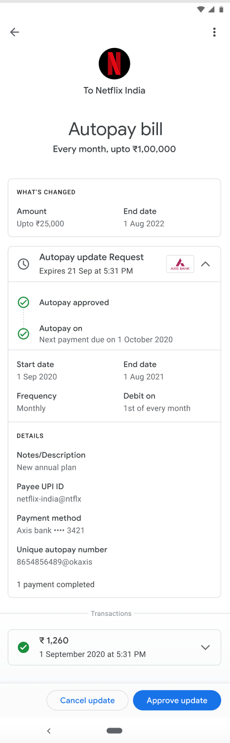 Get information on your autopay start and end date, frequency, and many others.