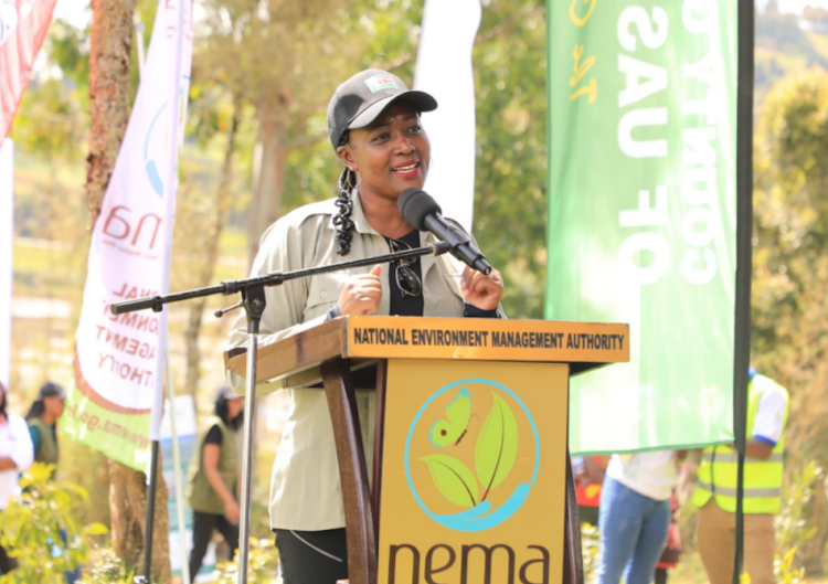 Environment CS Soipan Tuya speaking during the World Wetlands Day 2023 National celebrations at Lake Narasha in Timboroa, Uasin Gishu County on February 2, 2024.