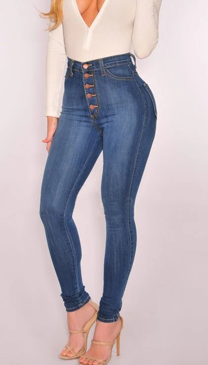 Damskie spodnie jeansowe z wysokim stanem, pięcioma klamrami, elastyczne i slim fit, zapewniające komfort i podkreślające sylwetkę.