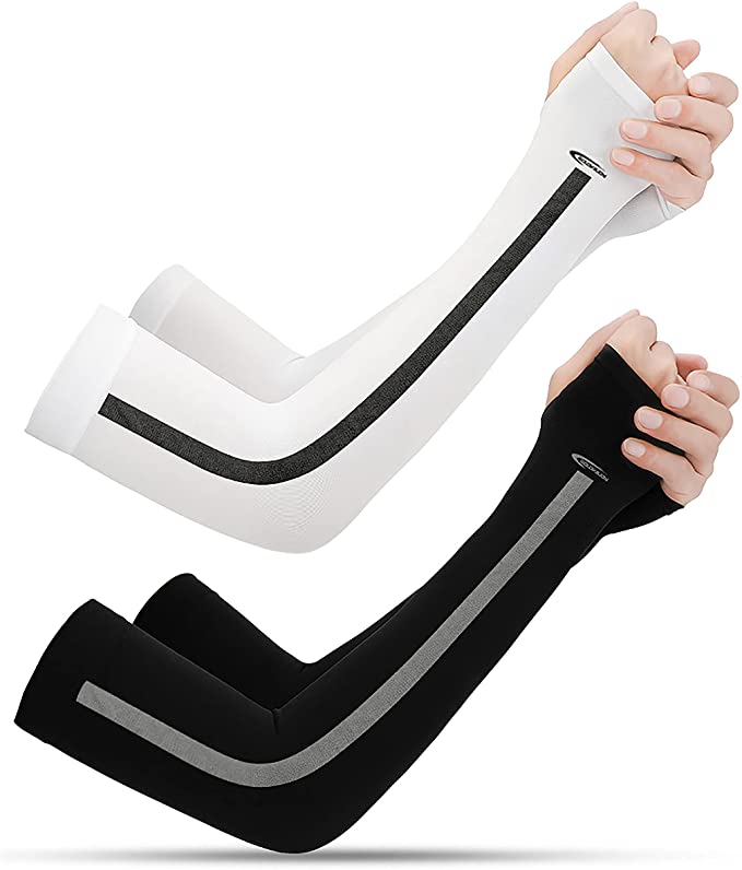 HiRui Warm Arm Compression Sleeves, 2/3/4/5 Pairs Hands Arm Covers UPF50 UV Protection for Men Women Kids, Running Cycling Golf Basketball Driving, Tattoo Covers (2 Pairs(White/Black))