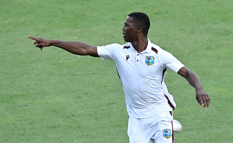 Shamar Joseph of the West Indies celebrates after taking the final wicket of Josh Hazlewood of Australia and winning the match on day four of the Second Test against Australia at the Gabba in Brisbane in January.