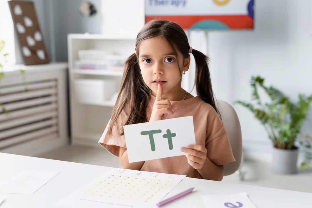 A little girl learning English phonics