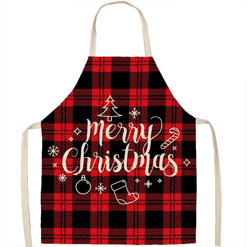 Christmas Linen Apron Oil-proof Anti-fouling Gingham Check for Ginger Cake Baking Household Bib Halter Kitchen Apparel.