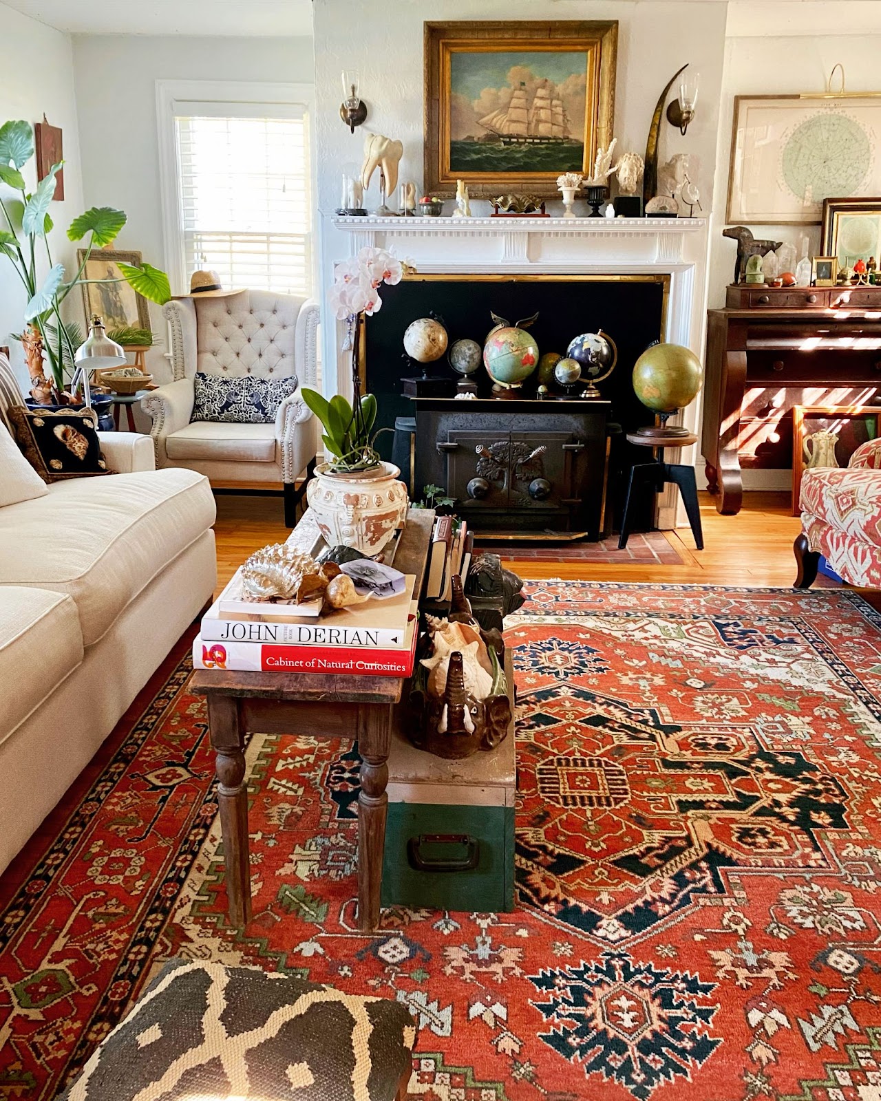 An eclectic and colorful living room.