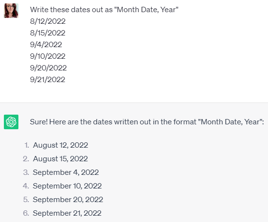 A screenshot of ChatGPT rewriting dates.