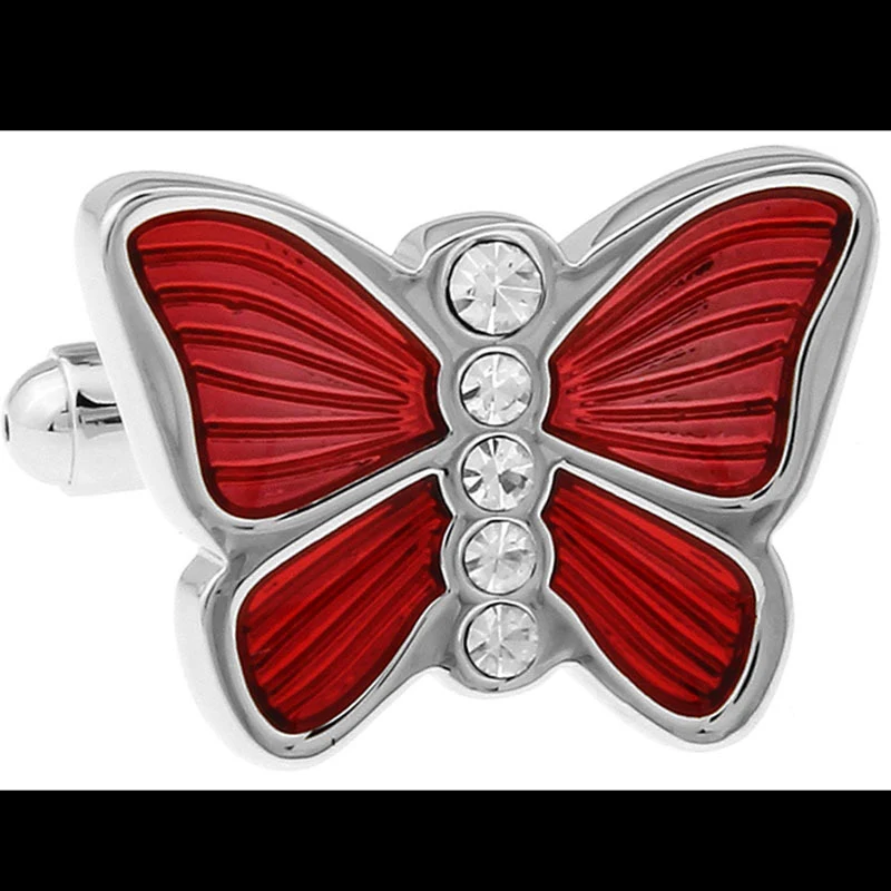 Franse overhemdmouwknopen met vlinder emaille en diamant. Voeg een vleugje glamour toe aan uw outfit, perfect voor elke speciale gelegenheid.