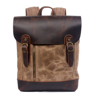 Title 3, Retro Oil Wax Canvas Crazy Horse Leather Backpa...