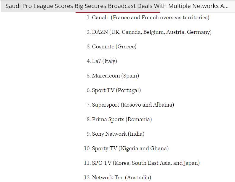 بعض القنوات الدولية الناقلة للدوري السعودي