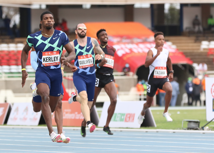 American sprinter Fred Kerley in full flight during the men's 200m at the Kip Keino Classic.