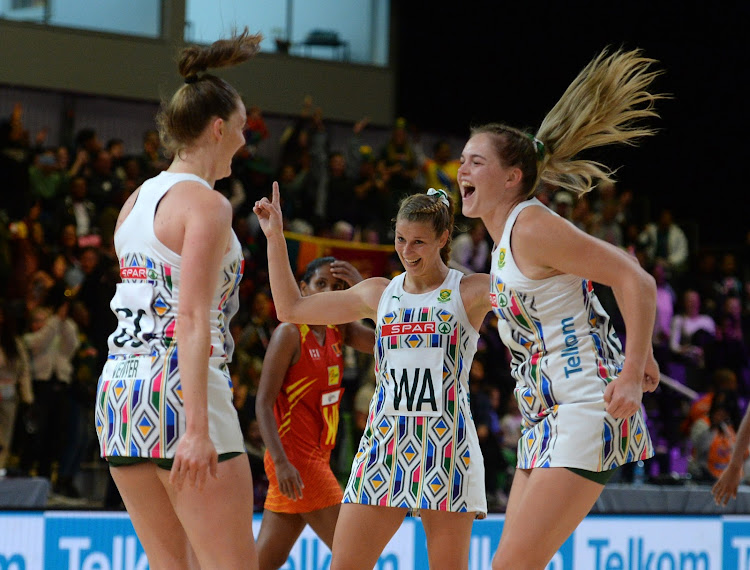 Ine-Marí Venter and Elmeré van der Berg of South Africa celebrate the 2023 Netball World Cup win over Sri Lanka at CTICC in Cape Town, South Africa on 29 July 2023.