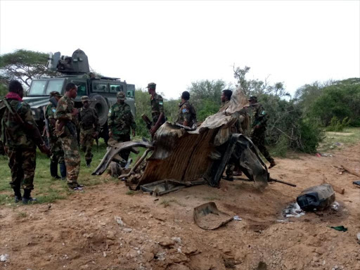 Troops at the scene on an IED attack in Dobley, Somalia on Sunday, May 6, 2018/FILE