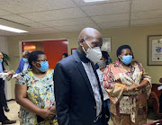 Health minister Dr Zweli Mkhize with Gladys Bogoshi , CEO of Charlotte Maxeke academic hospital (left) an Gauteng health MEC, Dr Nomathemba Mokgethi. 