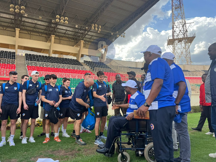 Westlands MP Tim Wanyonyi welcomes Spanish team A.E Ramassa as they set to acclimatise at Nyayo stadium ahead of their friendly match with AFC Leopards to mark Ingwe@60 on March 23, 2024.