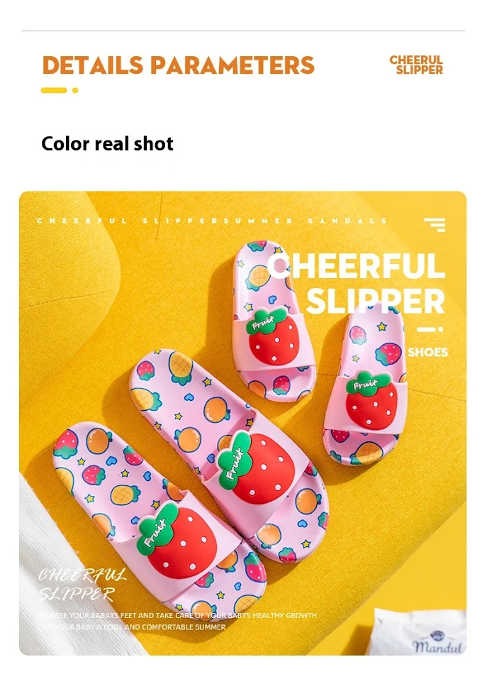 Pantoufles enfant fraise été intérieur semelle souple antidérapante, parfaites pour bébés et enfants, confort et sécurité garantis.