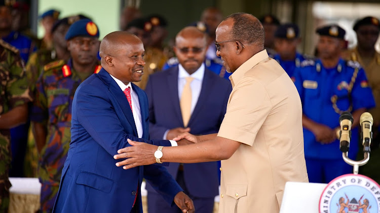 Interior CS Kithure Kindiki and Defence CS Aden Duale during the handover of the National Police Service Level 4 Hospital along Mbagathi Way on May 17, 2024.