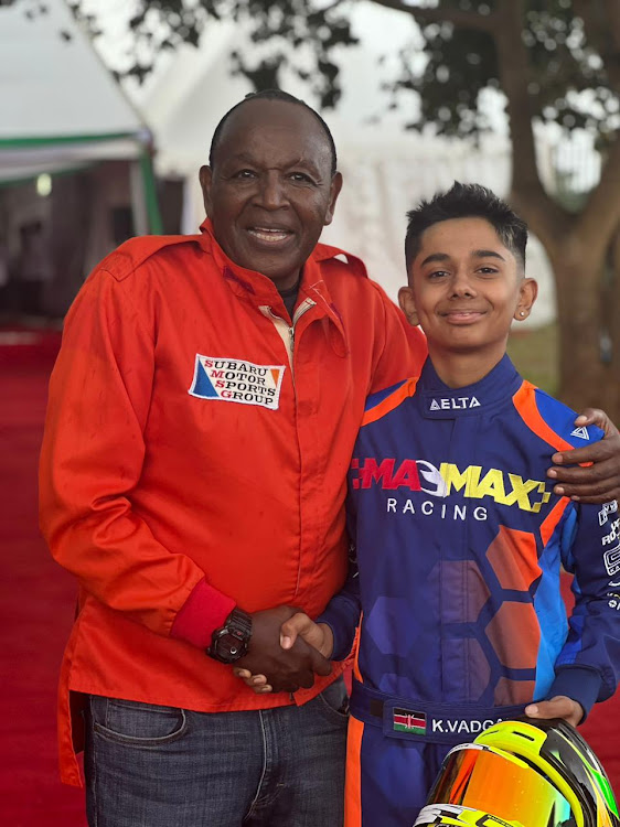 Krrish Vadgama with legendary Patrick Njiru during the launch of the Kenya Rally Academy in Kasarani IN March