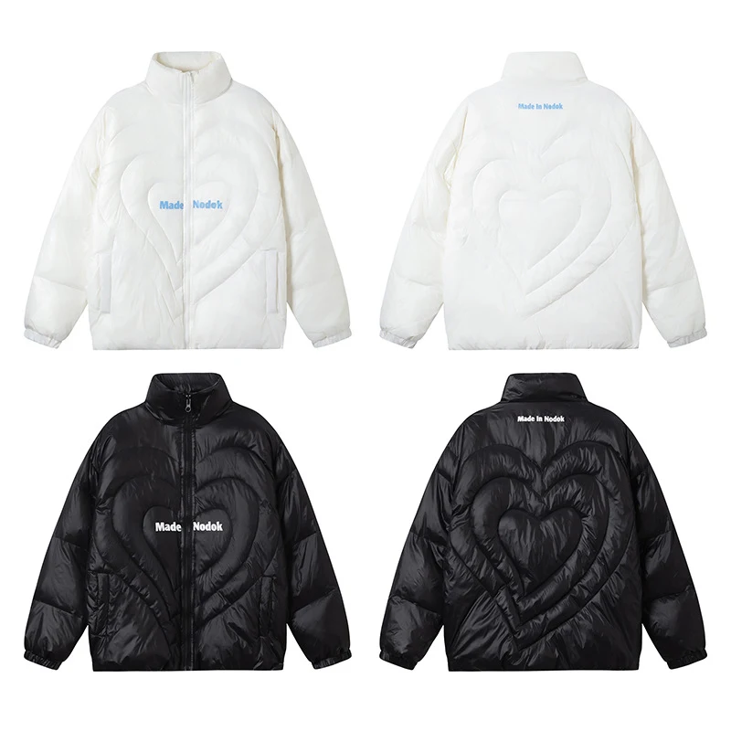 Watowana bawełniana kurtka z kołnierzem stojącym i nadrukiem w serca z literami, idealna na zimę, ciepła, stylowa i pełna miłości.