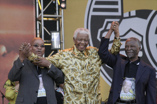 Nelson Mandela 's 90th Birthday at Loftus. Former President Nelson Mandela flanked by President Thabo Mbeki and ANC president Jacob Zuma . Pic: Vathiswa Ruselo. 02/08/2008. © Sowetan