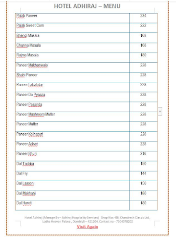 Hotel Adhiraj Snacks & Lunch Centre menu 