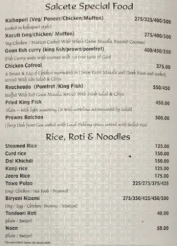 Salcete Beach Resort menu 