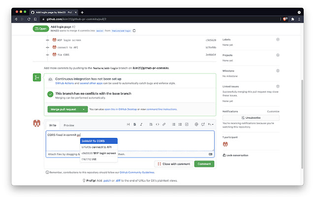 Github Pull Request Commits chrome extension