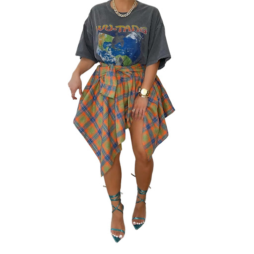 Title 16, Womens Fashion Irregular Plaid Tie-Sleeve Fake...