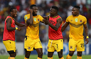 Black Leopards' Zambian striker Mwape Musonda celebrates with teammates after scoring the equalising goal in the 1-1 Nedbank Cup first round match against Orlando Pirates at Thohoyandou Stadium in Venda on January 26 2019.