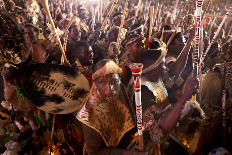 Amabutho sing at the memorial service of Prince Mangosuthu Buthelezi in Ulundi.