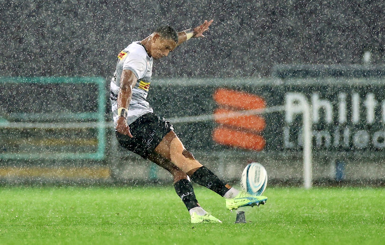 Manie Libbok of the Stormers kicks a penalty during their United Rugby Championship match against the Ospreys in Swansea on Friday.