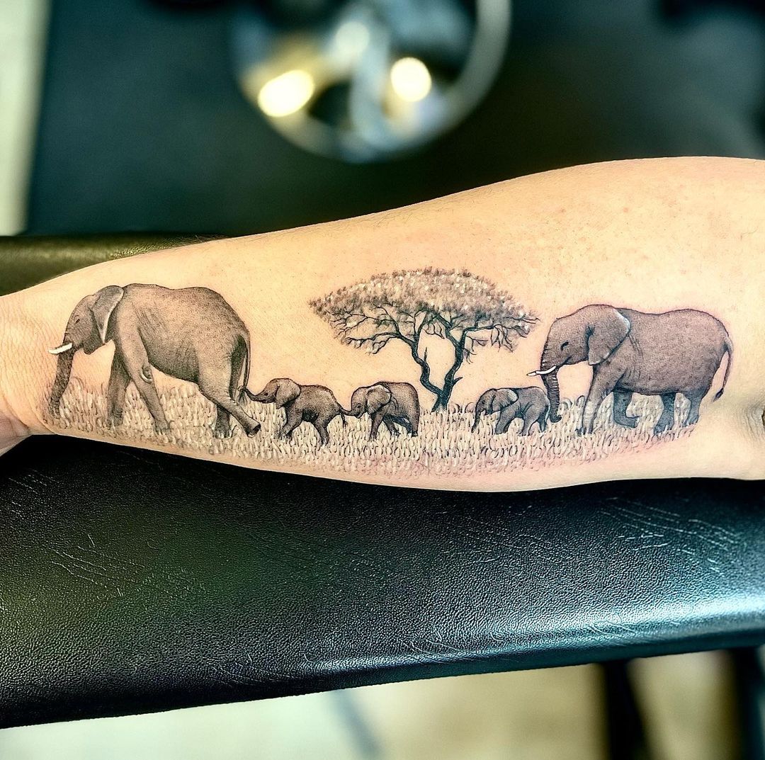 Elephants With Nature Tattoo On Forearm