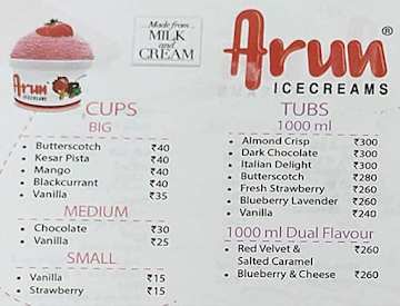 Arun Ice Creams menu 