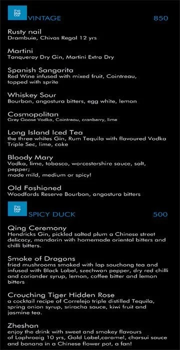 The Blue Bar, Taj Diplomatic Enclave menu 