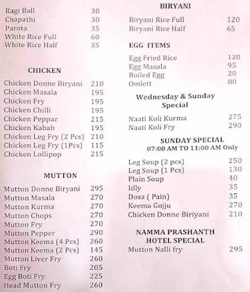 Namma Prashanth Hotel menu 