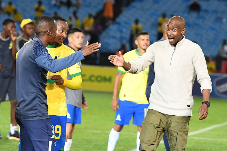 Mamelodi Sundowns coach Rulani Mokwena celebrates with his players after their DStv Premiership win against AmaZulu at Loftus Versfeld in Pretoria on Tuesday night.