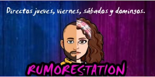 lustración de Rumorestation, con imagen y título en el centro y la frase Directos jueves, viernes, sábados y domingos en la parte superior.