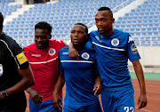 Supersport 2 goal hero Thuso Phala being congratulated by his teammates after scoring the second goal against Zesco United FC during the 2017 CAF Confederations Cup game between Zesco United and Supersport United at Levy Mwanawasa Stadium on 23 September 2017.